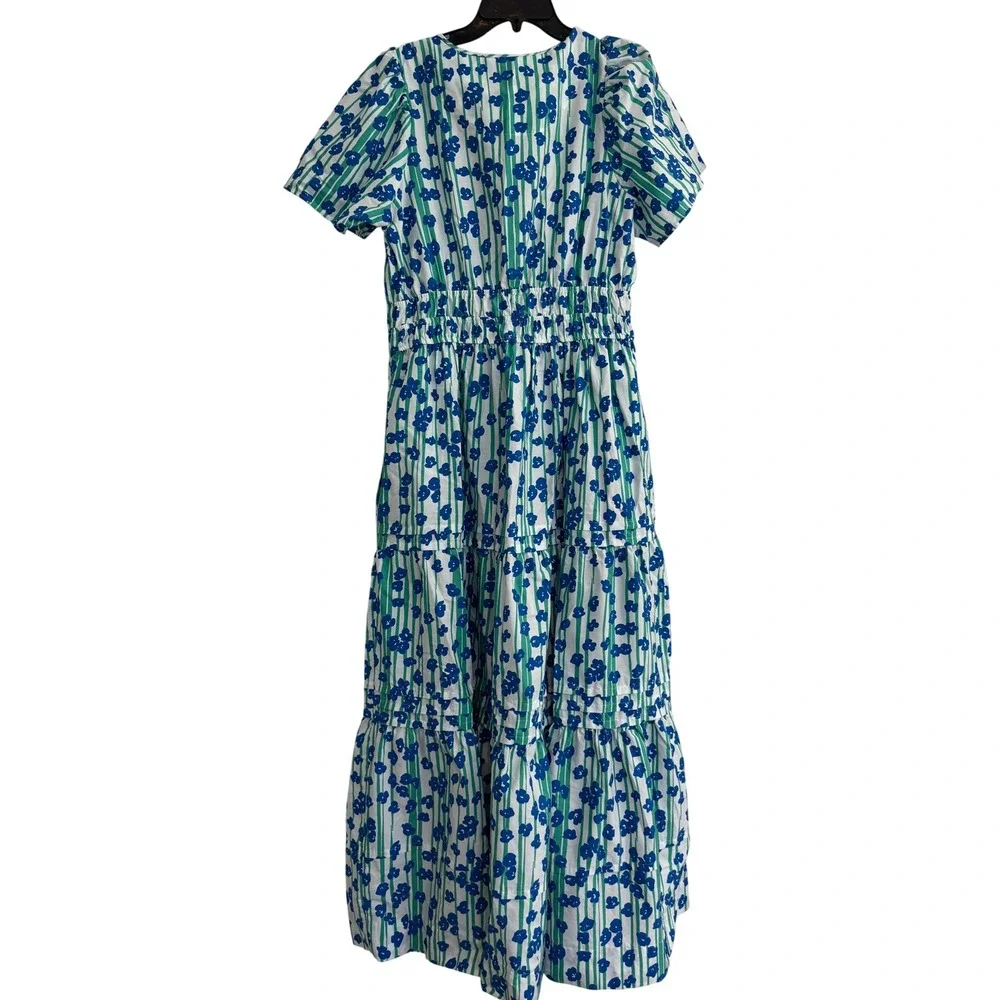 Anthropologie Floral Striped Tiered Maxi Dress Cotton Blue Green White Size L - Picture 11 of 11